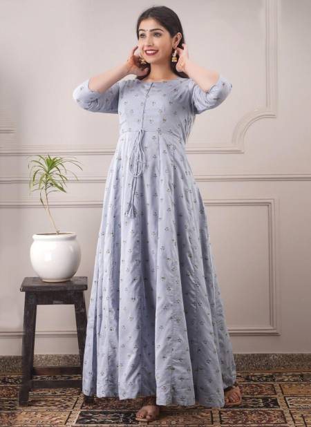 Ocean Blue Colour STYLISHTA STYLISHTA 10 Fancy Festive Wear Pure Chanderi Printed Gown Collection 10001